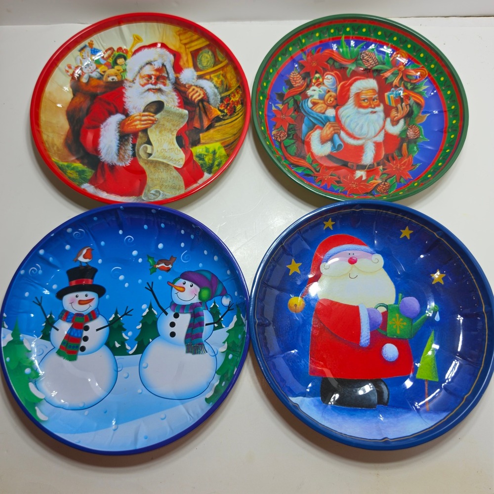 Greenbrier International Christmas Tin Plates Set of 4 Santa Snowman 10 Inch